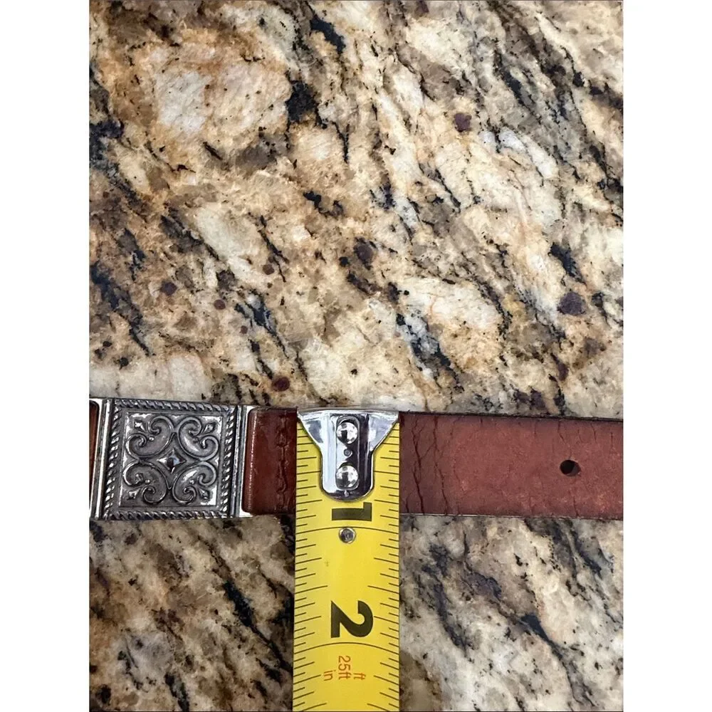 Vintage Brown Leather Belt Ornate Silver Buckle Metal Accents Size S/M
